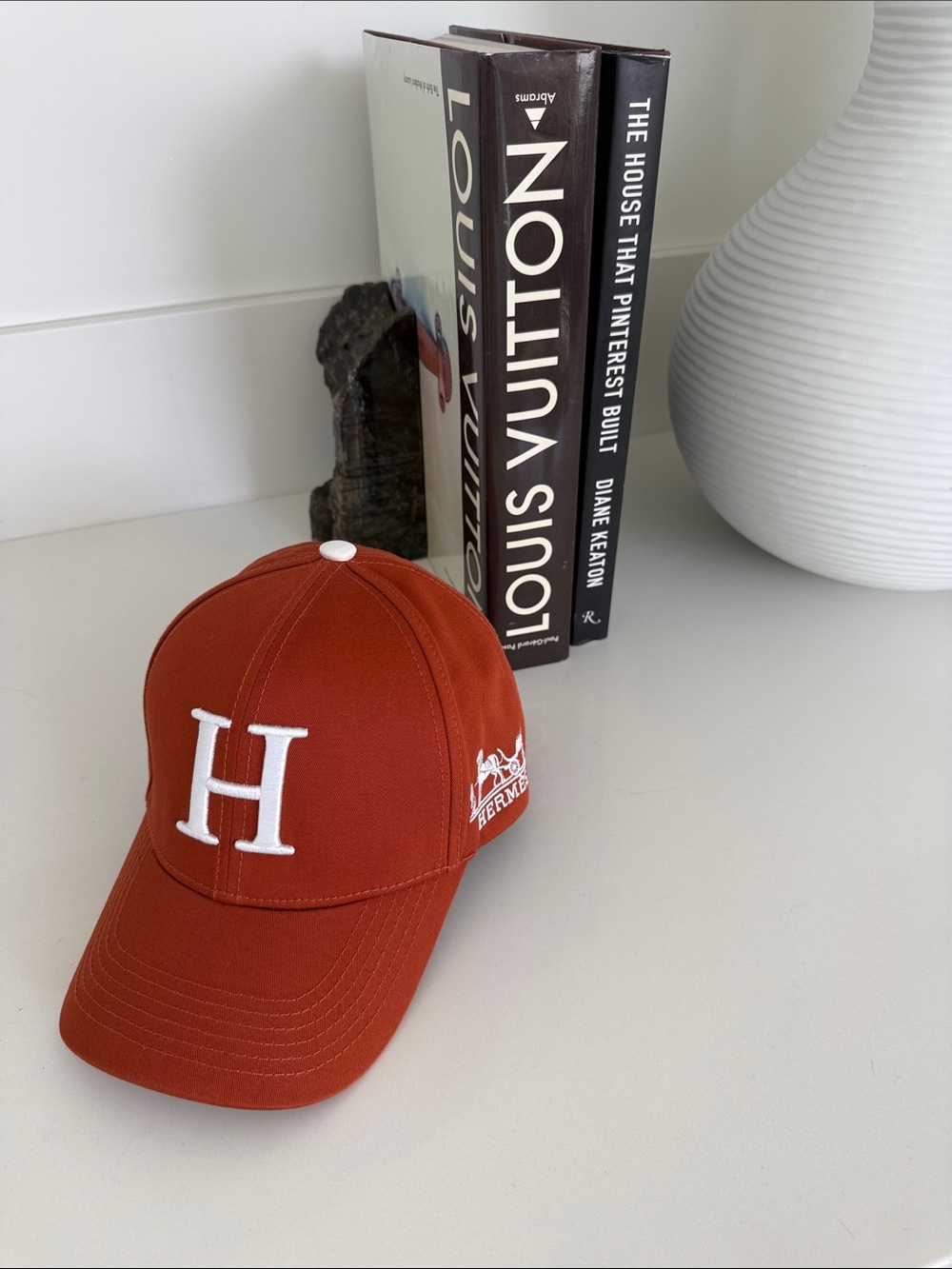 Hermes Rust Orange Baseball Cap with White Embroidery